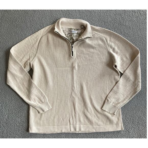 Tommy Bahama Sweater Large 1/4 Zip Waffle Knit Pullover Beige Preppy Beach - Picture 1 of 15
